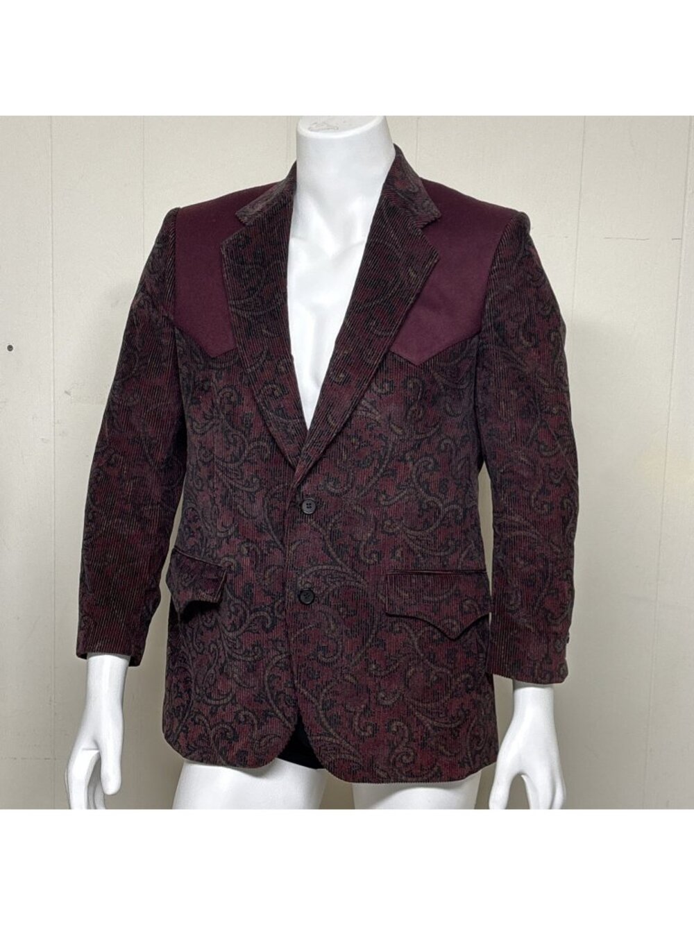 Vtg 70s Flying L Canada Western Jacket Paisley Corduroy Wool Yoke Burgundy 40R